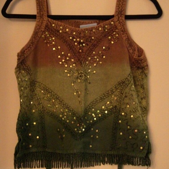 Brown Green Tank Top Gold Sparkle Sequin Home Size Small Ombre Style Fashion - Picture 1 of 4